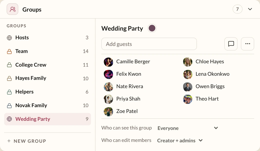 The groups panel on the guest directory: every group with its member count, and the wedding party's roster open beside them