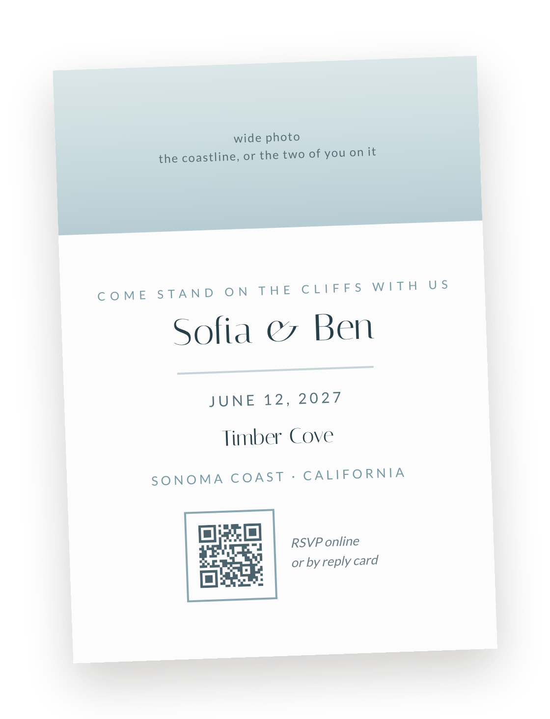 The Coastal theme's printed invitation card in front of its envelope
