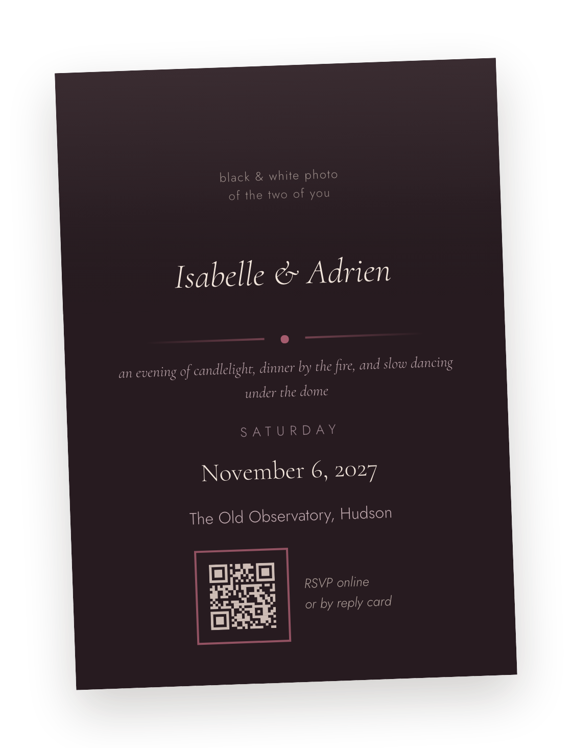 The Nocturne theme's printed invitation card in front of its envelope