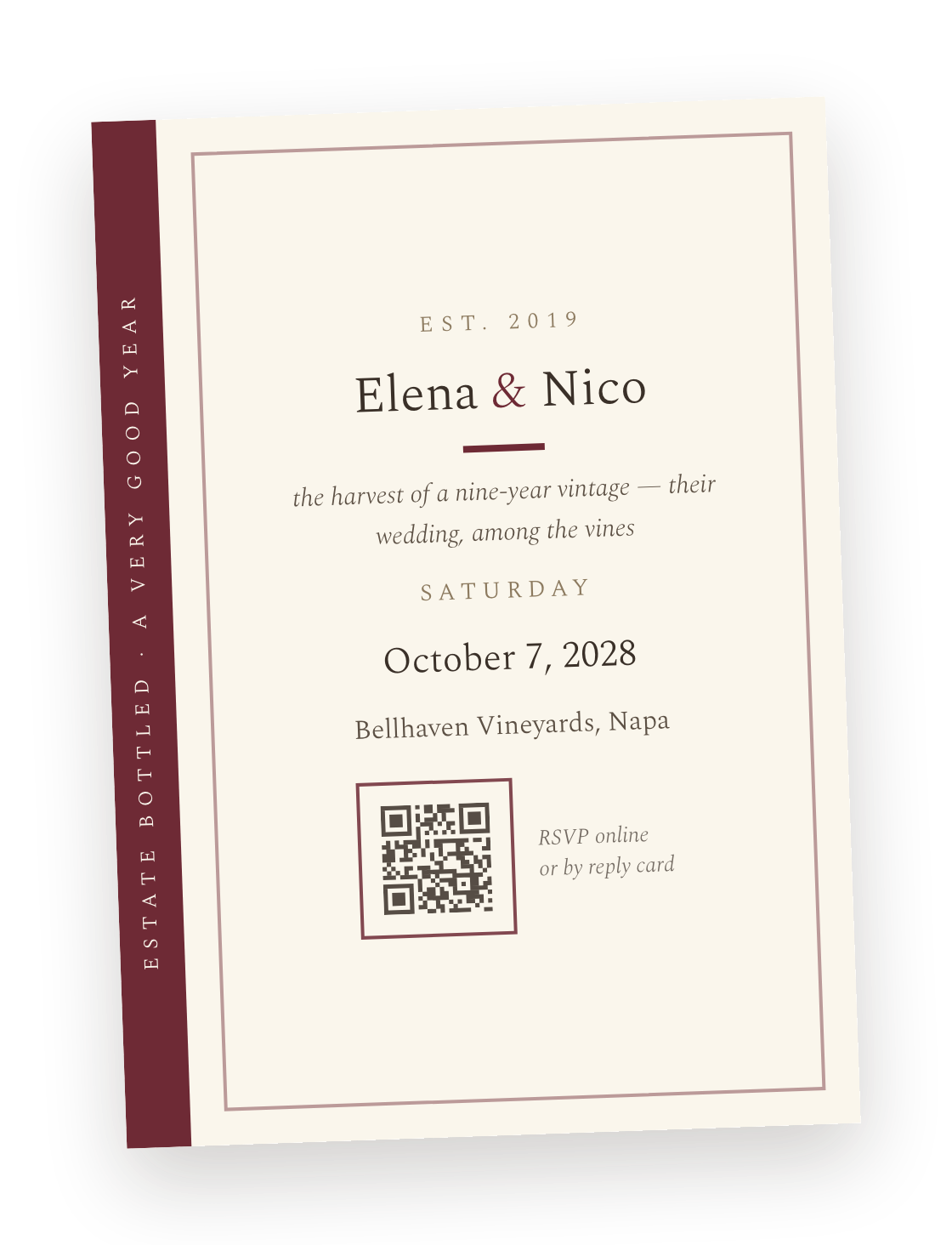 The Vineyard theme's printed invitation card in front of its envelope