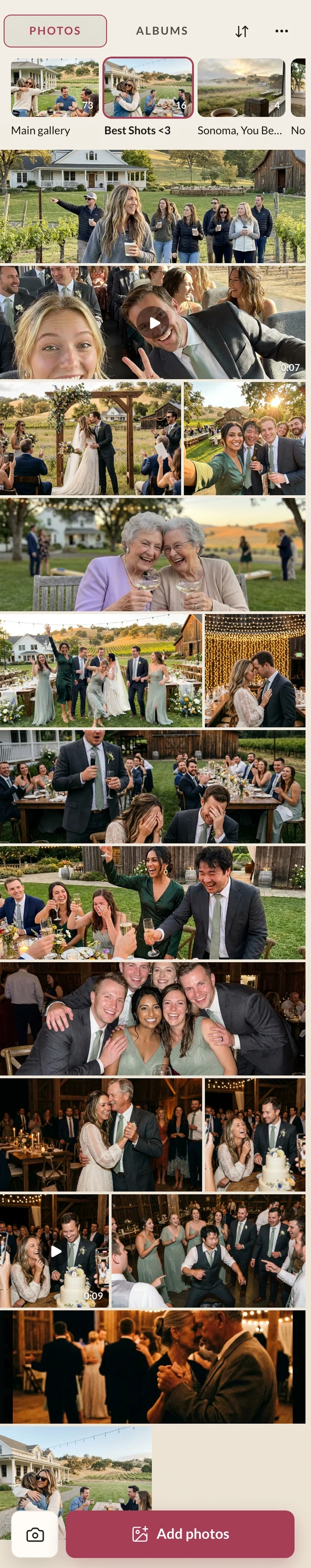 The wedding's shared album on a phone, open on a guest's album of favourites, with a video clip among the photos and an Add photos button below