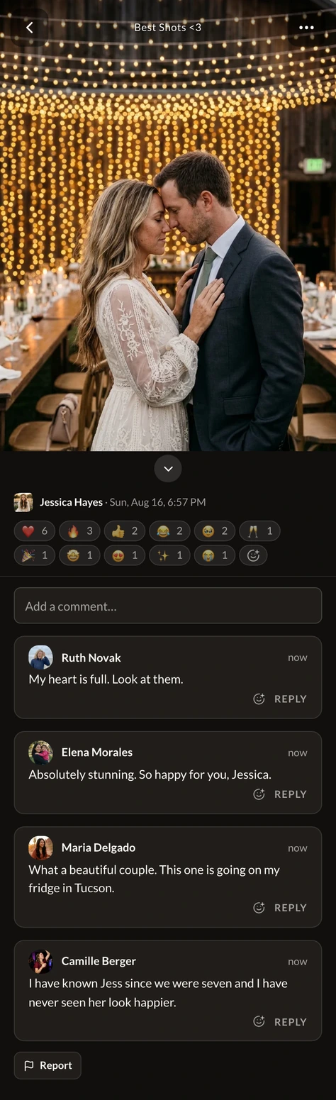 A single wedding photo on a phone with the guests' reactions and comment thread under it