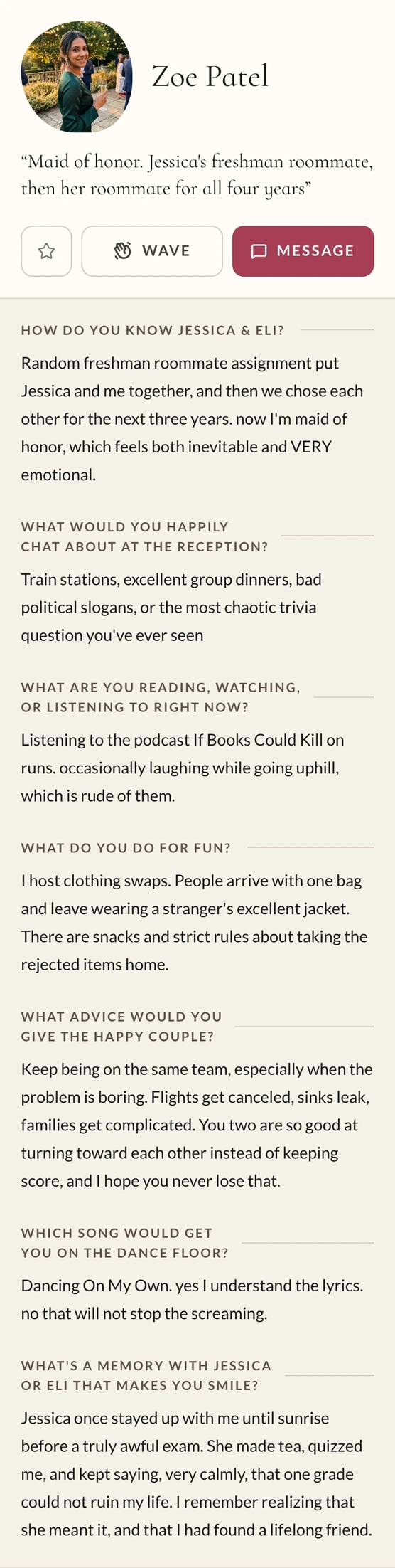A guest profile in the app: photo, name, and answers to the wedding's prompts