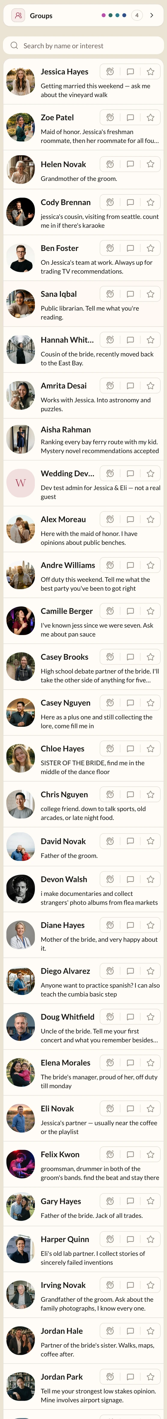 The guest directory: a scrolling list of guests with photos and one-line introductions
